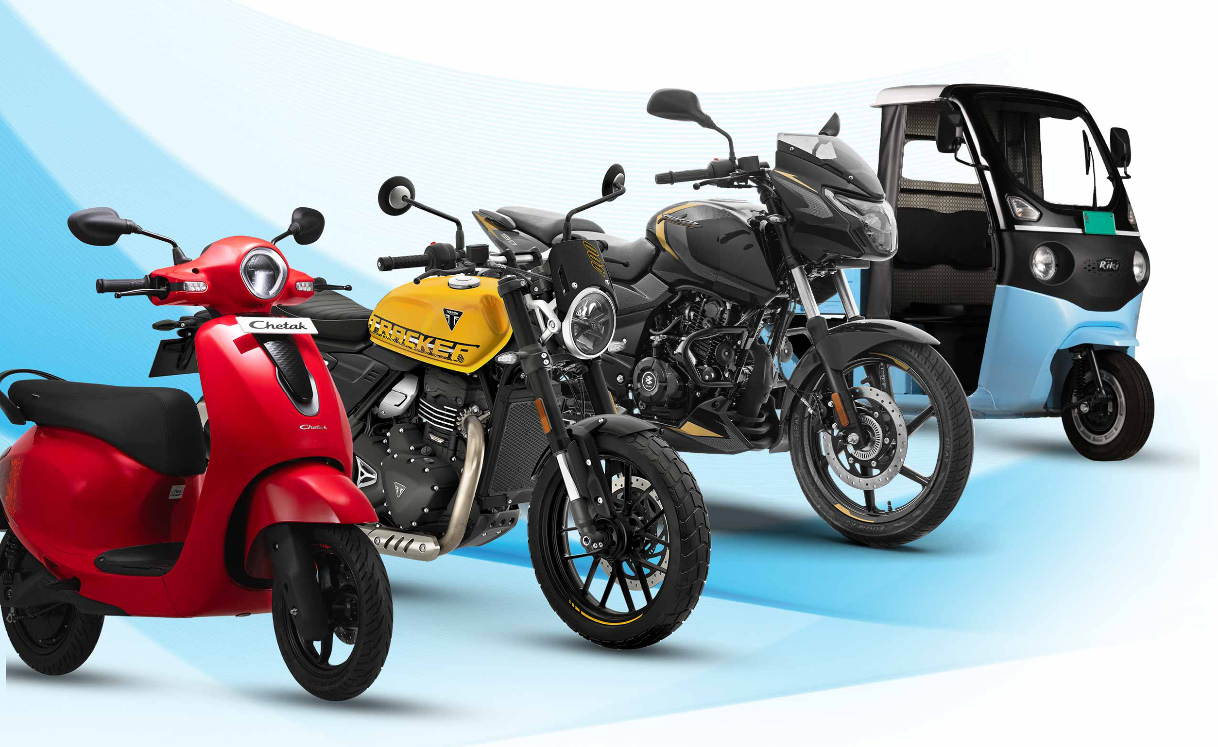 A lineup of three two-wheeled motorcycles in red, yellow, and black colors is positioned next to a small blue and black three-wheeled vehicle on a white and blue gradient background.

Description generated by AI